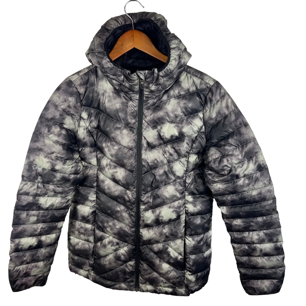 Lole Womens Packable Down Jacket Small Quilted Hooded Black Grey Puffer Camo